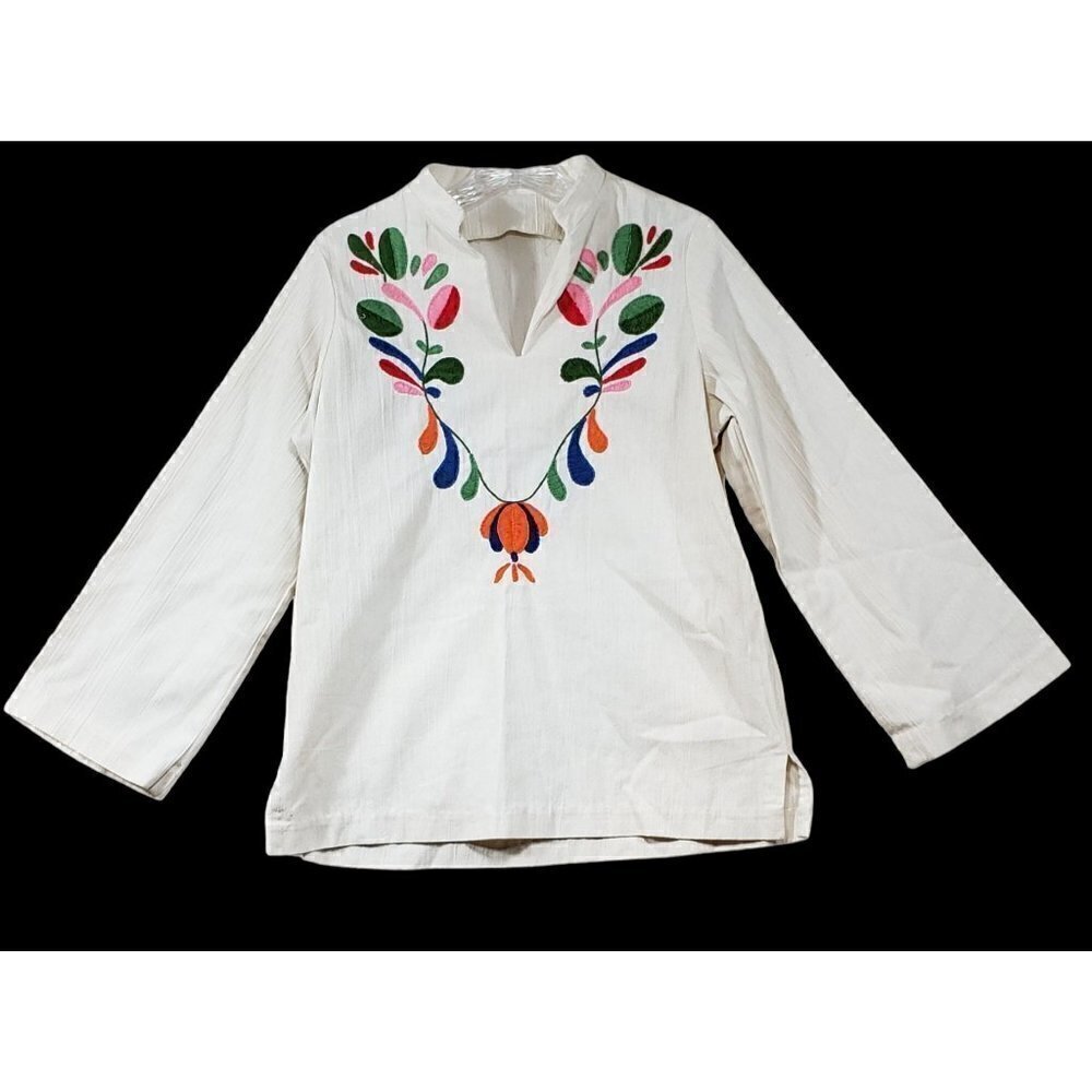 Handmade Womens Med Tunic Peasant Top Boho Embroidery Crewel Linen Cottagecore